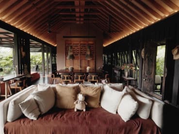 A modern Balinese longhouse built with lava stones from the volcano Mount Agung
