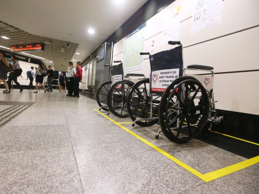 Wheelchairs ready for use as part of the Heartwheels trial at Outram Park MRT Station yesterday. Two trials there have been set up to improve access to SGH. Photo: Koh Mui Fong/TODAY