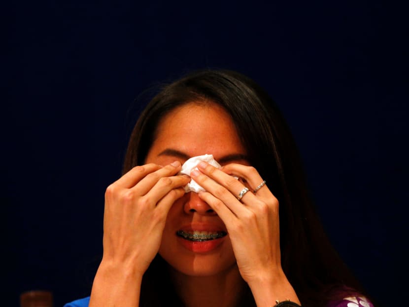 Ratchanok in tears at a press conference after expressing her relief at being cleared of doping charges. Photo: AFP