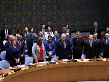 Members of the United Nations Security Council stand in silence, in honor of the victims of the Crocus City Hall concert venue Moscow attack, on the day of a vote on a Gaza resolution that demands an immediate ceasefire for the month of Ramadan leading to a permanent sustainable ceasefire, and the immediate and unconditional release of all hostages, at the UN headquarters in New York City, US on March 25, 2024.