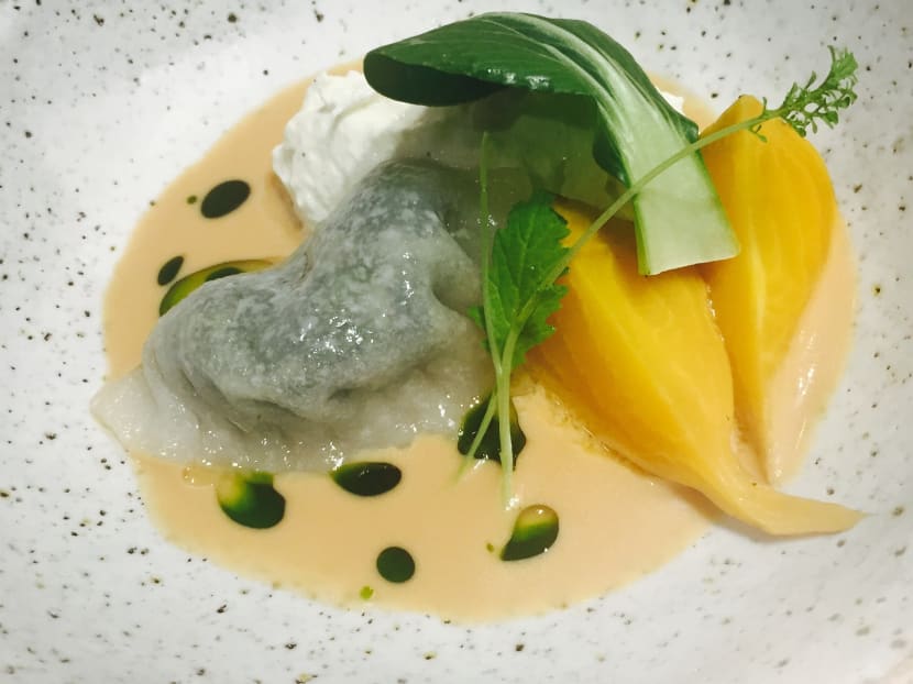 The dish of burrata, chive kueh, confit golden beetroot and peanut milk