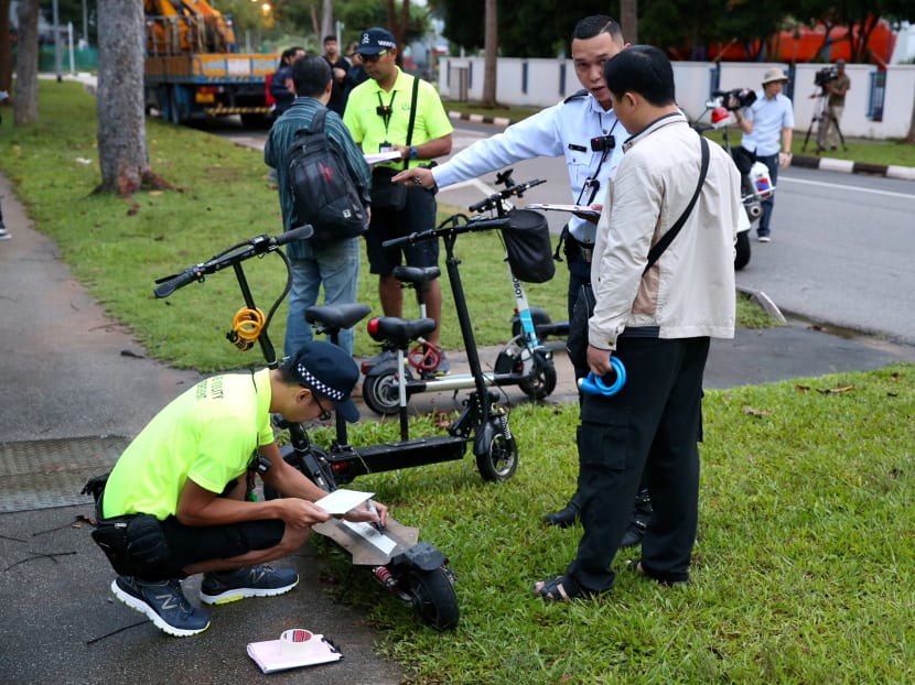 PMD riders who were riding on the road were stopped and had their PMDs impounded by enforcement officers along Loyang Lane on January 15, 2018.