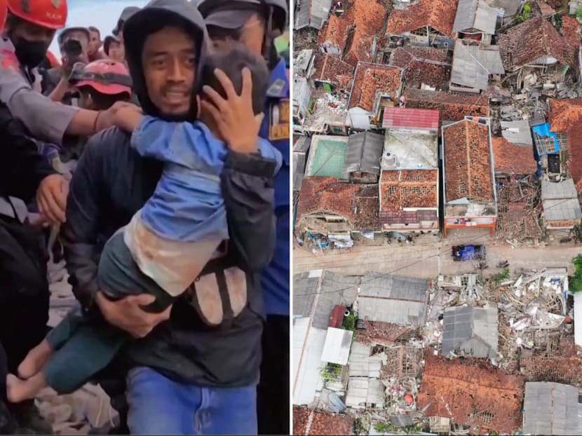 Screen grab (left) taken from mobile phone video footage released by Bogor Administration showing a six-year-old boy being pulled out of the rubble in Cianjur, West Java and the aerial view (right) of damaged and collapsed houses in Cugenang, Cianjur on Nov 23, 2022. 