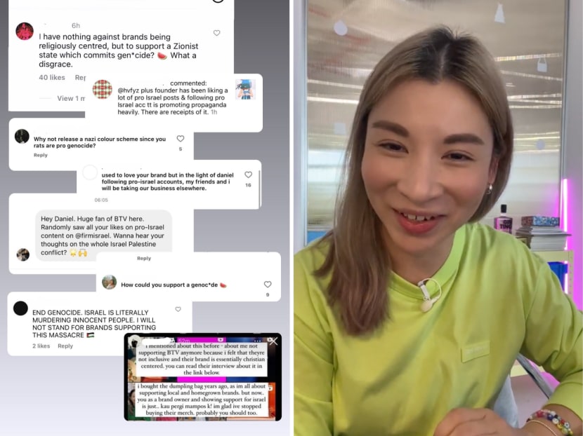 Left: An Instagram Story showing screenshots of comments received by retailer Beyond The Vines, posted by co-founder Daniel Chew on Nov 9, 2023. Right: Mr Chew's wife and co-founder Rebecca Ting addressing the brand's stance on the Israel-Hamas war in a product launch livestream on Nov 10, 2023.