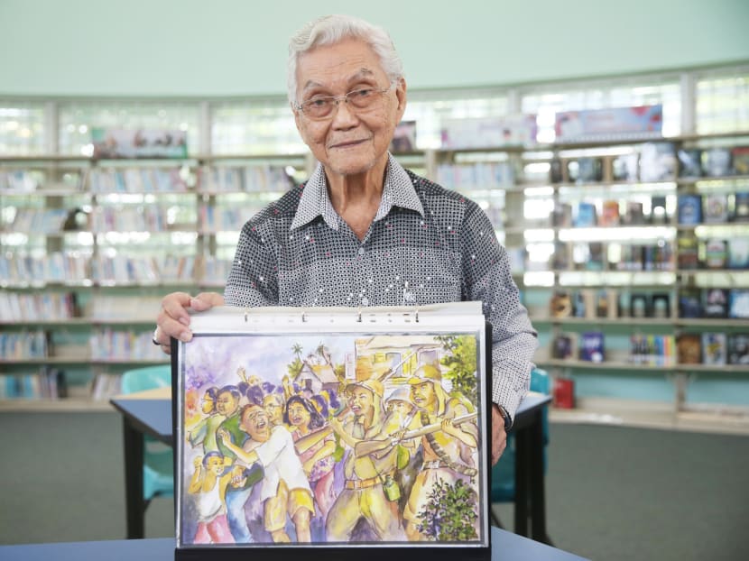 Mr Alan Wong with a painting he drew depicting the Japanese invasion of Singapore in World War II. He has taught art in secondary schools and is now a relief art teacher at Northbrooks Secondary School. Photo: Ooi Boon Keong