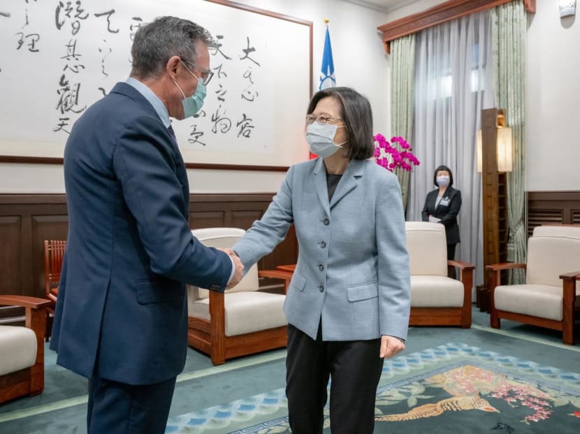 Taiwanese President Tsai Ing-wen (right) greeting former Nato chief Anders Fogh Rasmussen at the Presidential Office in Taipei. Taiwanese President Tsai Ing-wen (right) greeting former Nato chief Anders Fogh Rasmussen at the Presidential Office in Taipei.
