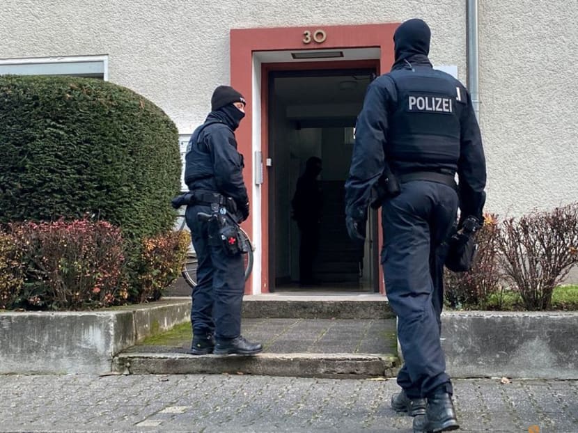 Police secures the area after 25 suspected members and supporters of a far-right group, that the interior ministry claimed posed a terrorist threat, were detained during raids across Germany, in Frankfurt, Germany on Dec 7, 2022. 