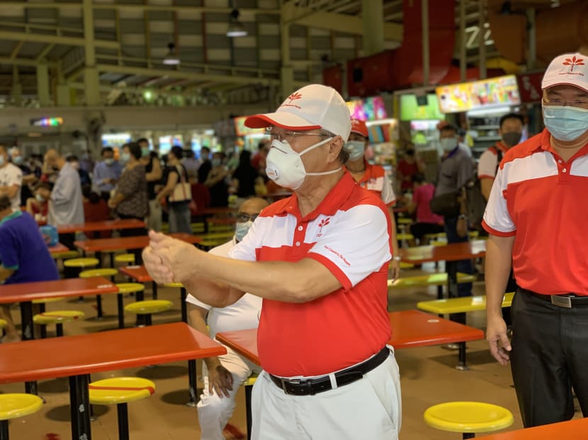 Progress Singapore Party's chief Tan Cheng Bock on a walkabout at 726 West Coast Food Centre on June 27, 2020.