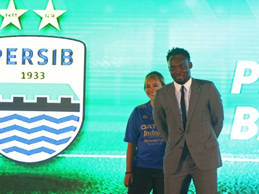 Former Chelsea midfielder and Ghana international Michael Essien (right), who currently plays for Indonesian club Persib, attending the launch of Liga 1 in Jakarta on Monday (April 10). Liga 1 is Indonesia's new top-flight football league after two years without one, and the country's attempt to end a crisis that had engulfed the game in South-east Asia's biggest nation. Photo AFP