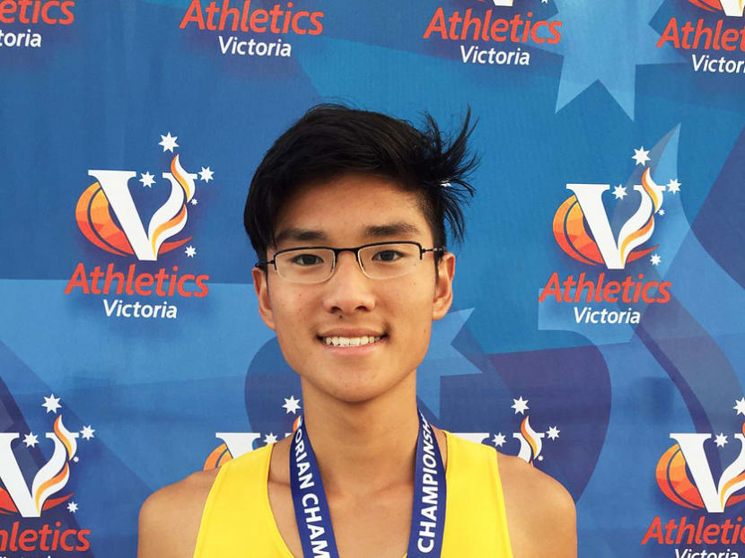 Schoolboy runner Lui Yuan Chow with his gold medal at the Victorian Junior Track and Field Championships. Photo courtesy: Lui Dai Jim