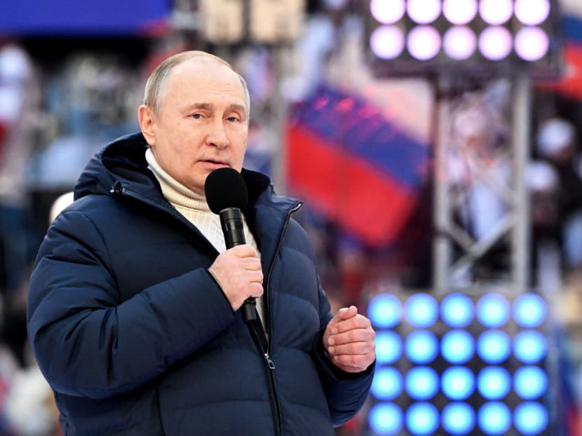 Russian President Vladimir Putin gives a speech at a concert marking the eighth anniversary of Russia's annexation of Crimea at the Luzhniki stadium in Moscow on March 18, 2022.