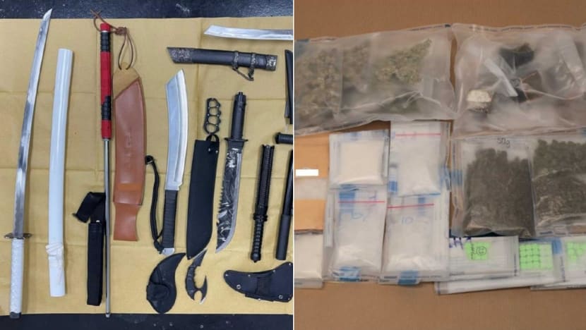 Weapons including swords, machetes seized during drug raid in Ubi Weapons including swords, machetes seized during drug raid in Ubi