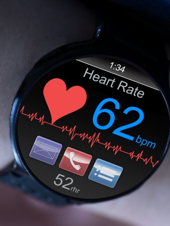 A person's heart rate at rest being displayed on a smartwatch. 