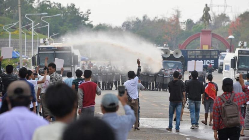 Protesters out again in Myanmar to denounce military coup, police use water cannon in capital Protesters out again in Myanmar to denounce military coup, police use water cannon in capital