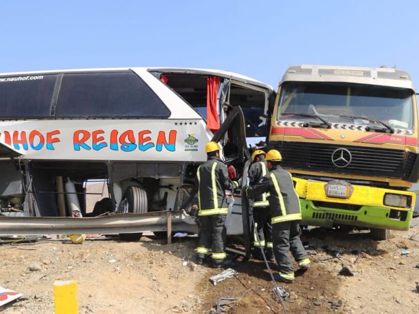 Saudi firefighters at the scene of the accident, after a lorry crashed into the bus carrying the 31 passengers. The deceased is the travel agency's director Mohammad Abu Bakar Osman. His wife is said to be in critical condition. Photo: TODAY reader