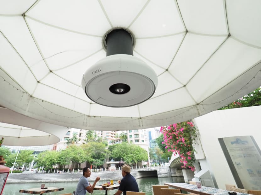 The newly developed bladeless fan is being trialled at locations including Octopas Spanish Tapas Bar at Clarke Quay (pictured). It uses less energy than industrial fans with blades, and does not release greenhouse gases or toxins.