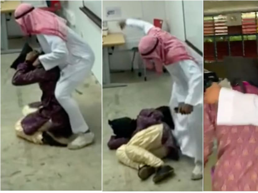 Screenshots from a video that has gone viral, of a person in Arab-style clothing with people whose heads are covered in black, as students stand by to film what is being acted out in classrooms.