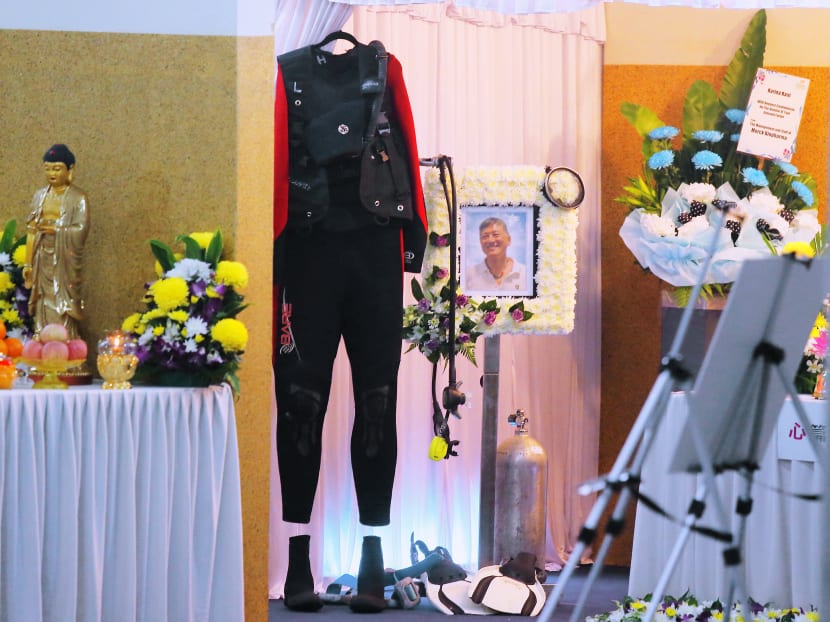 At Philip Chan’s wake in Oct 2016, an old scuba diving suit was displayed next to his coffin as a reminder of his love of diving. TODAY file photo