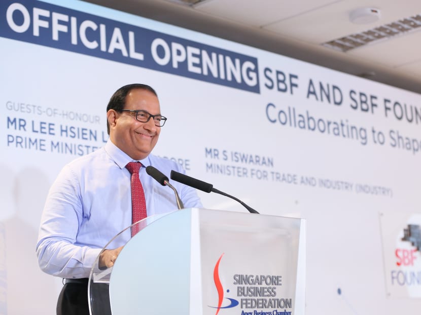 Minister of Trade and Industry (Industry) S Iswaran speaking at the opening of the new office of the Singapore Business Federation (SBF), which was attended by Prime Minister Lee Hsien Loong and labour chief Chan Chun Sing. Photo: SBF