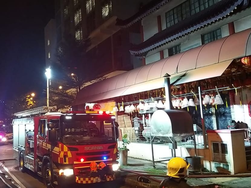 A total of 11 emergency vehicles and about 60 firefighters were deployed to fight a fire that broke out at a temple located at 28 Admiralty Street.