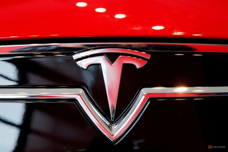 A Tesla logo on a Model S car.