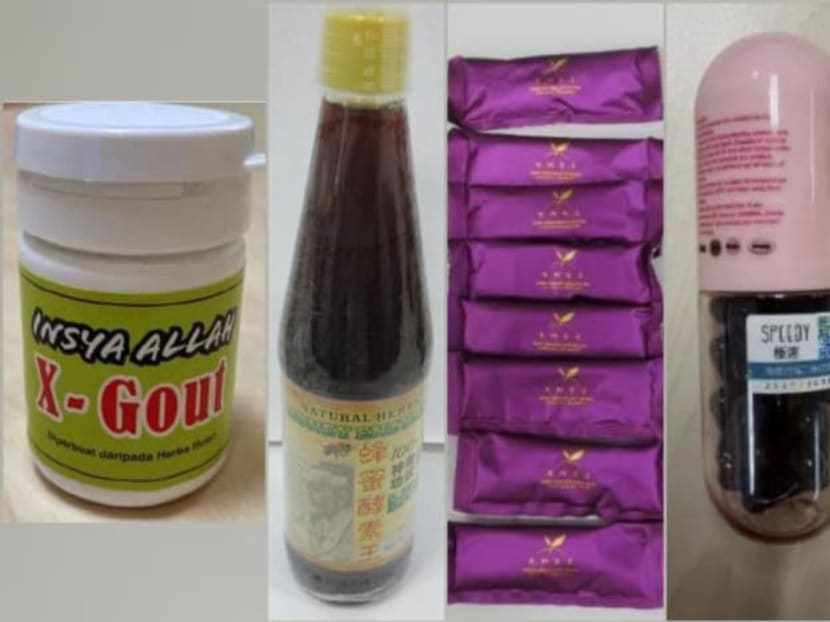 (From left) X-Gout, dcr Natural Herbs Honey Enzyme, KMS2 Dark Chocolate Mocha Botanical Beverage, Speedy Slim Capsules (Black) and Speedy Slim Capsule