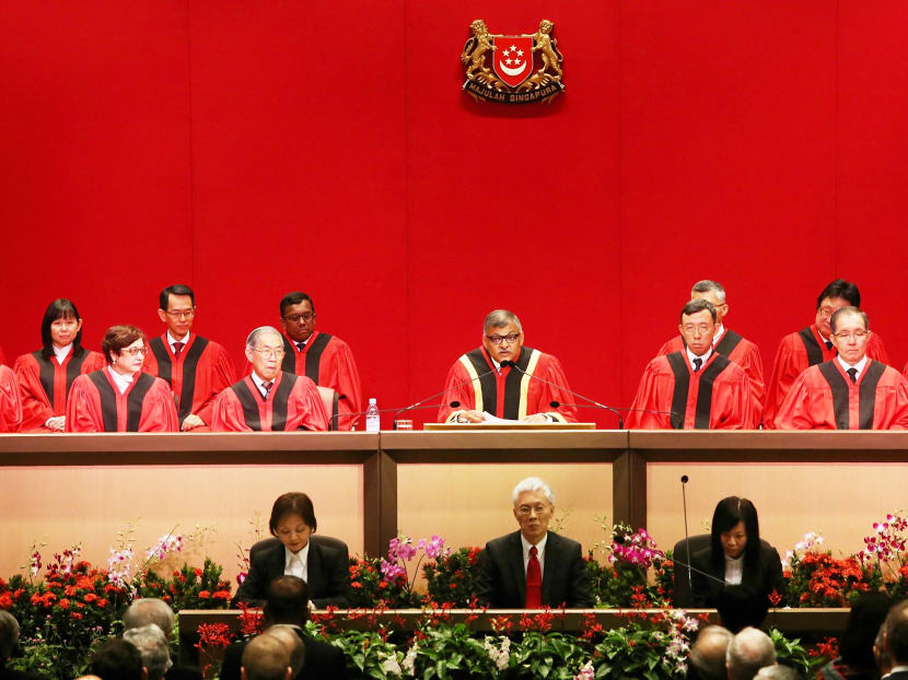Chief Justice Sundaresh Menon speaking during the Opening of Legal Year Ceremony in 2017. The author says laws need to reflect the evolving values, imperatives, and aspirations of Singaporeans and Singapore. TODAY file photo