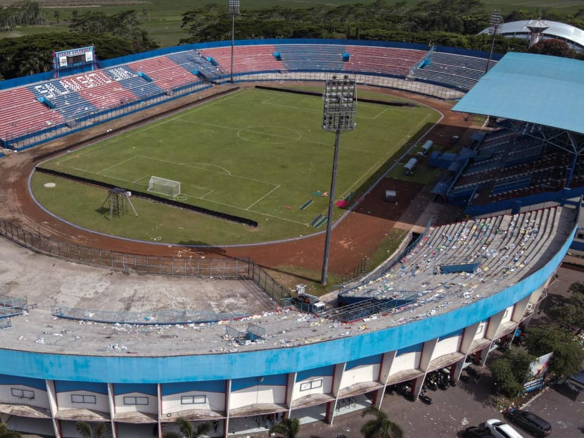 An aerial view of the Kanjuruhan stadium in Malang on Oct 4, 2022, scene of the Oct 1 stadium stampede that killed 131 people including dozens of children in one of the deadliest disasters in football history. An aerial view of the Kanjuruhan stadium in Malang on Oct 4, 2022, scene of the Oct 1 stadium stampede that killed 131 people including dozens of children in one of the deadliest disasters in football history.