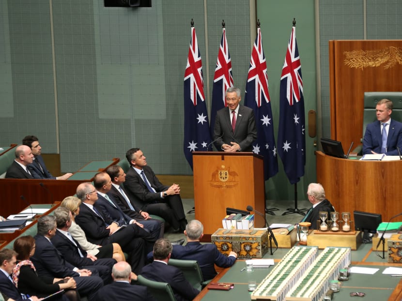 Prime Minister Lee Hsien Loong delivering his address to members and senators of Australian Parliament at House of Representatives Chamber, Parliament House. Photo: Ministry of Communications and Information