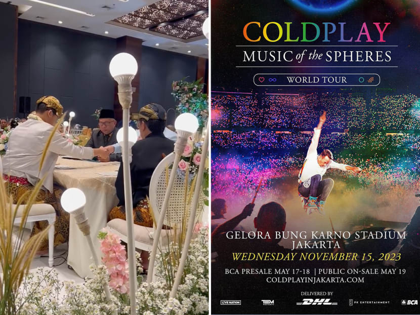 An Indonesian couple’s solemnisation ceremony (left) where a dowry was presented to the bride, who received tickets to watch British band Coldplay in concert (right). An Indonesian couple’s solemnisation ceremony (left) where a dowry was presented to the bride, who received tickets to watch British band Coldplay in concert (right).
