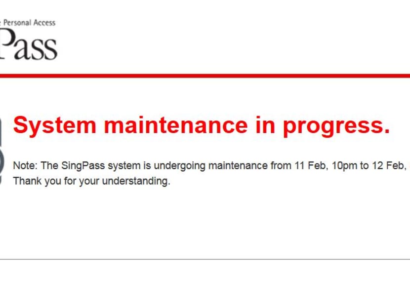 The SingPass website is undergoing maintenance on Sunday night. Photo: Internet screengrab