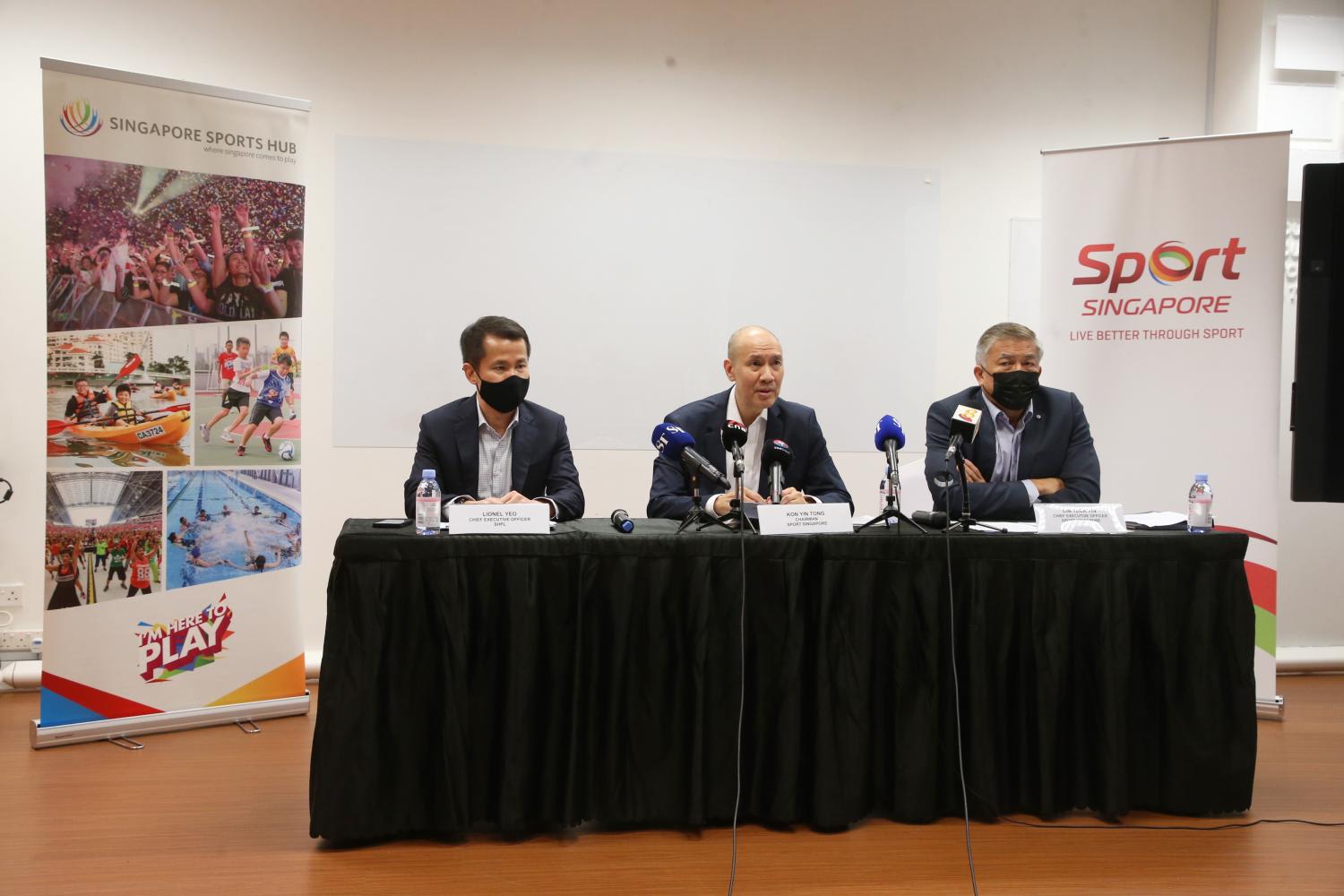 From left: Sports Hub Pte Ltd's chief executive officer Lionel Yeo, Sport Singapore's chairman Kon Yin Tong and Sport Singapore's chief executive officer Lim Teck Yin at at a press conference on June 10, 2022. From left: Sports Hub Pte Ltd's chief executive officer Lionel Yeo, Sport Singapore's chairman Kon Yin Tong and Sport Singapore's chief executive officer Lim Teck Yin at at a press conference on June 10, 2022. 