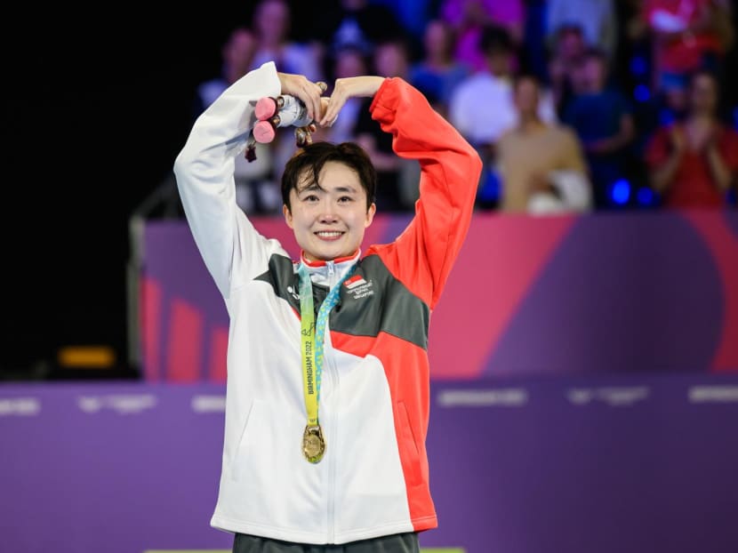 Feng Tianwei celebrates after her come-from-behind victory in the table tennis women's singles final on Aug 7, 2022. Feng Tianwei celebrates after her come-from-behind victory in the table tennis women's singles final on Aug 7, 2022.