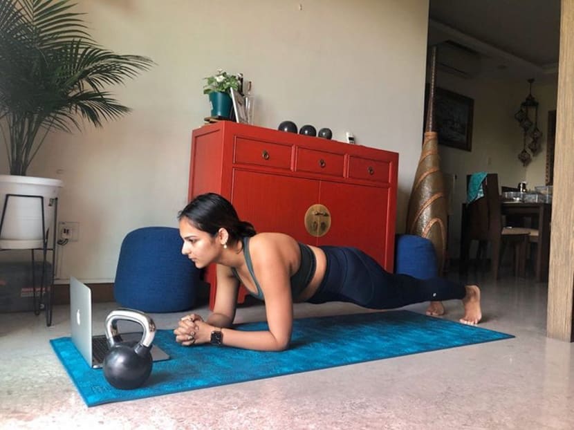 Ms Aashna Agarwal doing Boom Singapore’s workouts in the comfort of her home. Ms Aashna Agarwal doing Boom Singapore’s workouts in the comfort of her home.