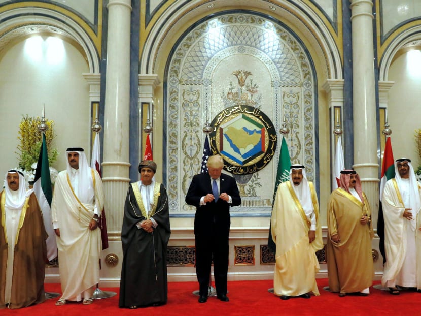 US President Donald Trump with Saudi Arabia’s King Salman Abdulaziz Al Saud (fourth from right) and other heads of state at the Gulf Cooperation Council leaders summit yesterday in Riyadh, Saudi Arabia. Photo: Reuters