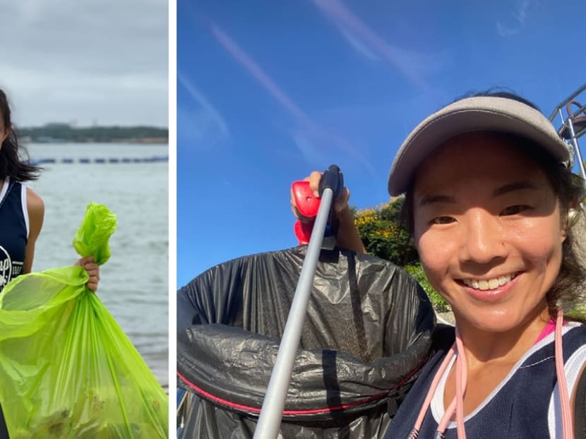 Left: The author at a clean-up at Sembawang Park which she had organised in 2019. Right: She took this selfie while picking up street litter on her walk home from Bedok MRT in May 2021.