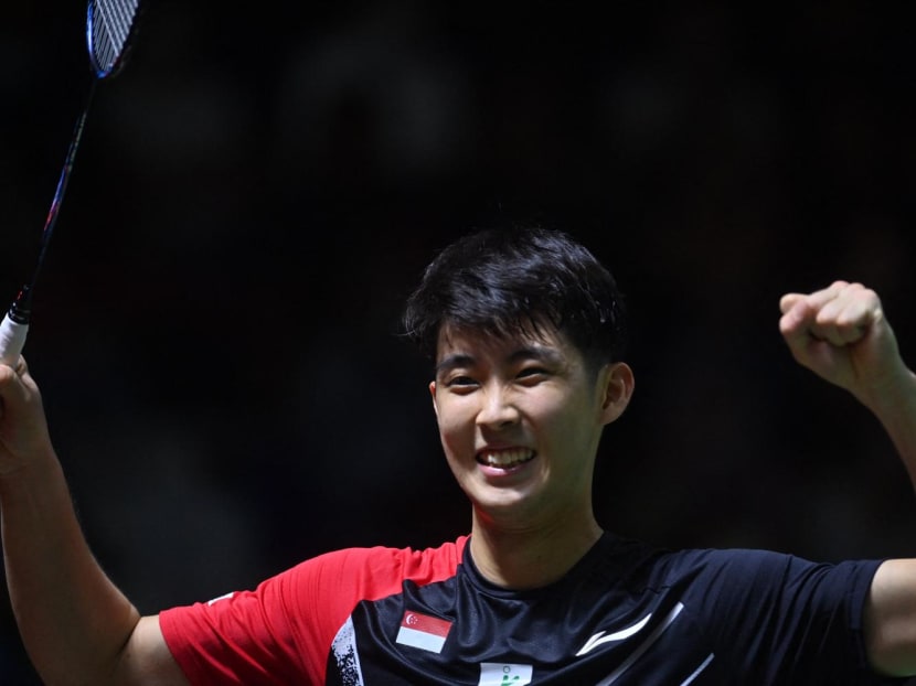 Loh Kean Yew of Singapore reacts after winning against Lu Guangzu of China during the men’s singles quarter-finals at Indonesia Masters badminton tournament in Jakarta on June 10, 2022.