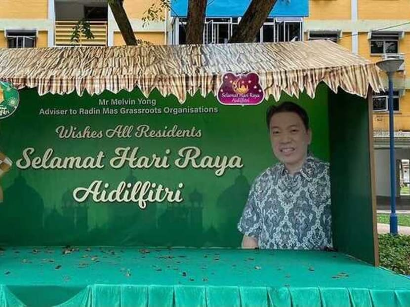 A woman said that her wedding photograph was used without her permission as a standee for Hari Raya Puasa decorations (pictured) in Tiong Bahru housing estate in May 2021.