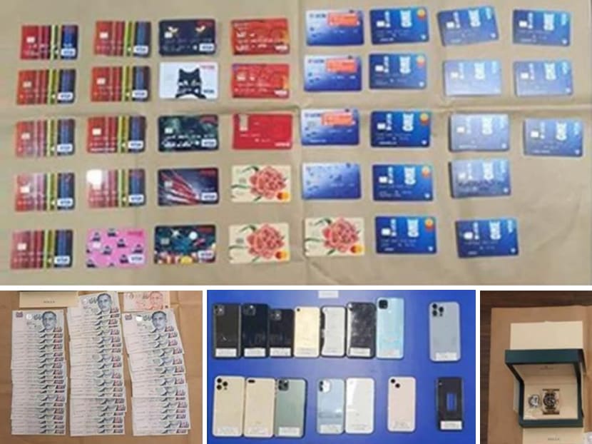 The police seized an array of mobile devices, bank cards, SIM cards, cash amounting to S$2,760 and two Rolex watches, worth a total of S$35,600, from the suspects. The police seized an array of mobile devices, bank cards, SIM cards, cash amounting to S$2,760 and two Rolex watches, worth a total of S$35,600, from the suspects.