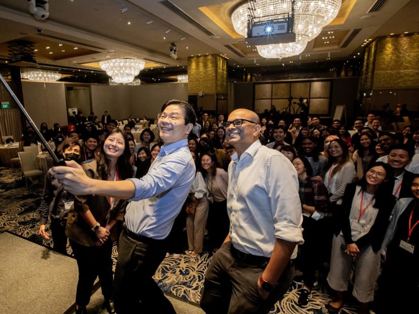 Front row, from left: Dr Teo Kay Key, Deputy Prime Minister Lawrence Wong and Dr Janil Puthucheary with participants at a dialogue organised by the Institute of Policy Studies on Sept 7, 2022.