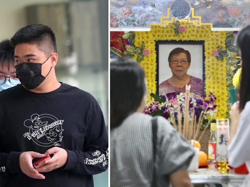 Hung Kee Boon (left) crashed his electric scooter into cyclist Ong Bee Eng in September 2019. Mourners at Ong's wake (right) held at Block 50 Chai Chee Street after she died on Sept 25, 2019.
