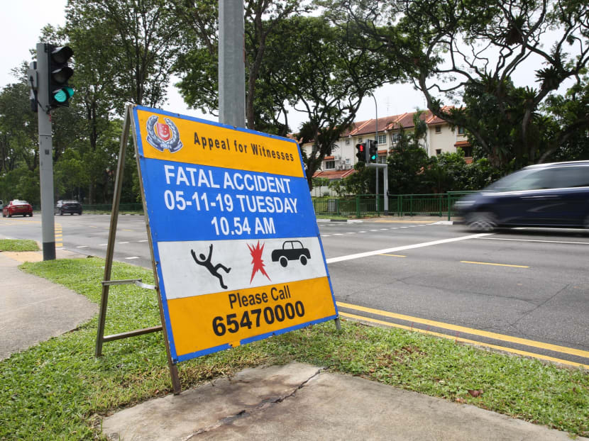 A sign appealing for witnesses is seen at the spot where foreign domestic worker Jaspreet Kaur, who was pushing a two-year-old boy in a stroller, died after an accident.