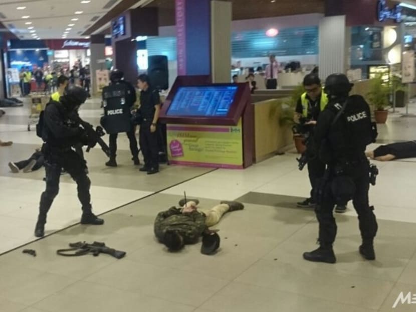 Simulated shootout, car explosion at IMM shopping mall