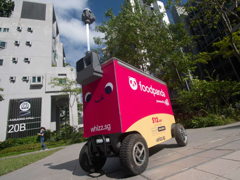 Students across the campus of Nanyang Technological University now receive all their Foodpanda deliveries from any of the four bright pink robots (pictured) also known as FoodBots.