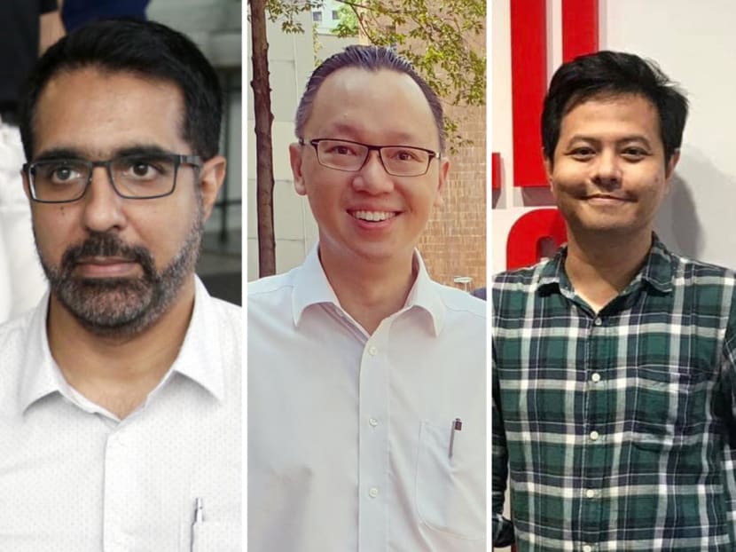 Dr Tan Wu Meng (centre) said that Mr Pritam Singh (left) should read Mr Alfian Sa'at's (right) writing more carefully before calling the poet a "loving critic" of Singapore.