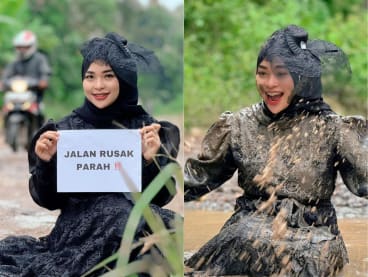 Ms Ummu Hani, 35, took to social media to share photos of herself sitting or lying down in mud-filled potholes on the roads in Merbau Mataram, a sub-district of South Lampung in Sumatra.