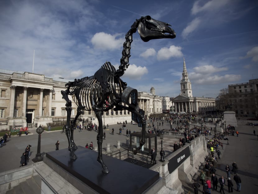 Skeleton horse erected in London’s Trafalgar Square