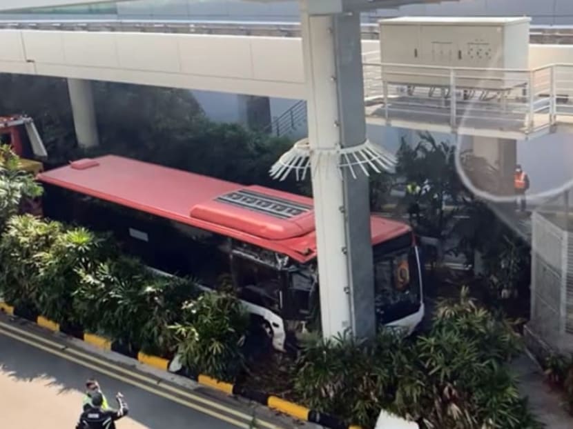 SBS Transit said that bus service 27 was exiting the basement of Terminal 3 towards Terminal 1 of Changi Airport when it mounted a kerb.