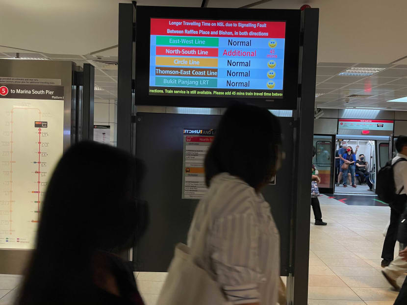SMRT told train commuters to expect 45-minute delays between Raffles Place and Bishan stations on the North-South MRT Line during the morning rush hour on March 29, 2021.