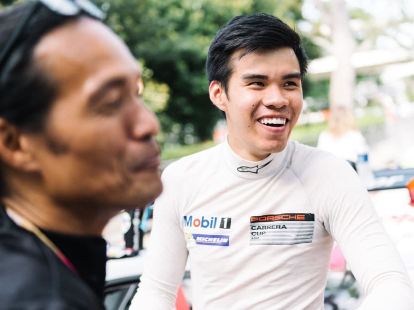 Andrew Tang (centre) has not given up hope on clinching top spot on the podium in the Singapore race just yet. Photo: Porsche Carrera Cup Asia Facebook Page